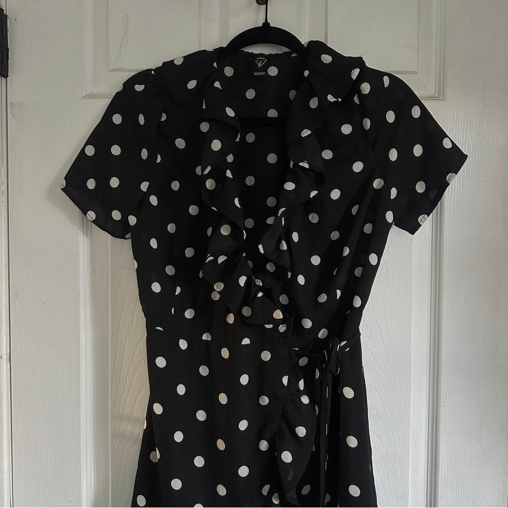 Black Ruffled Polka Dot Wrap Mini Dress